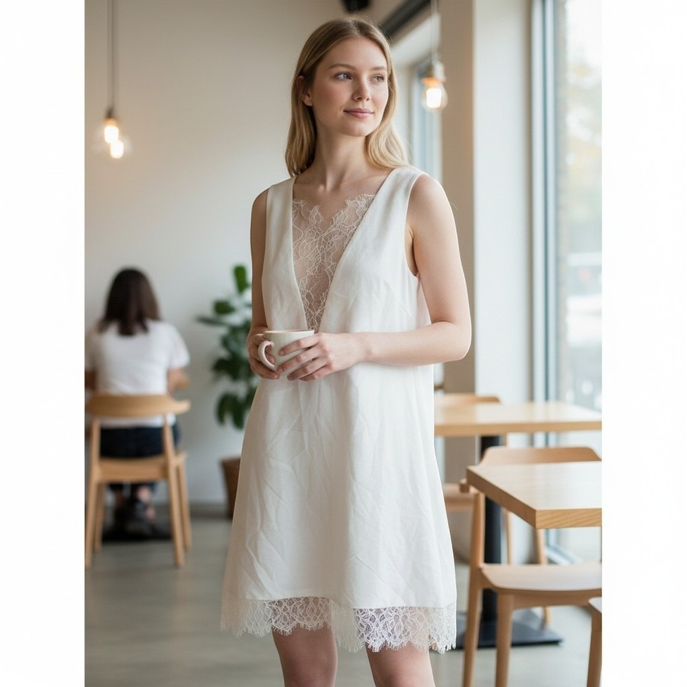 NBD Revolve Dress Womens XS Cream Sleeveless V-Neck Cocktail Party Lace Fairy